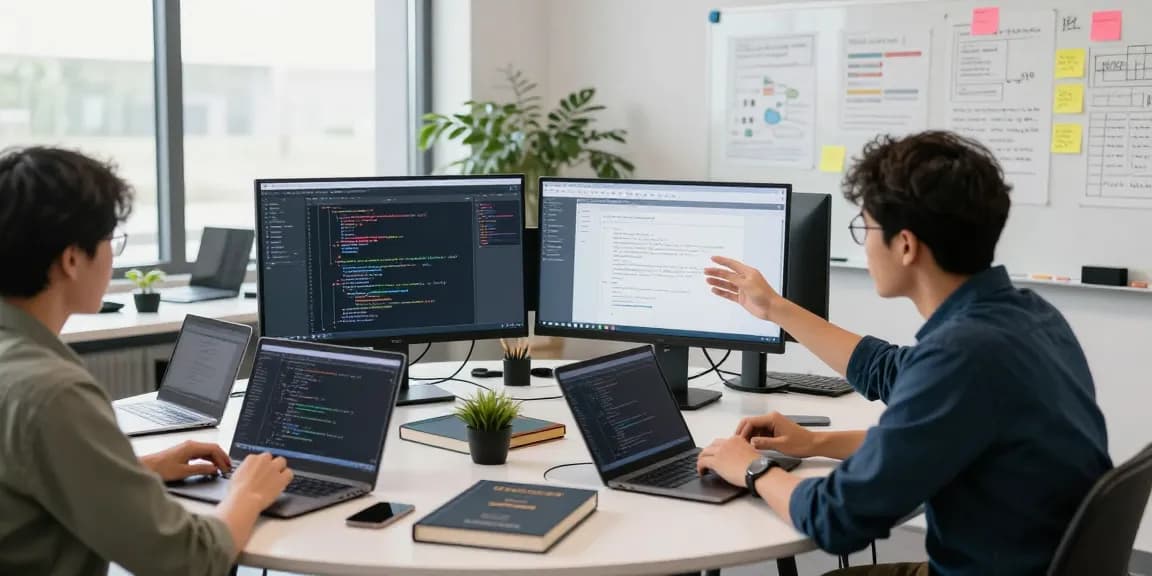 Collaboration at telegraimin.com in a modern workspace filled with developers, tech tools, and creative ideas.