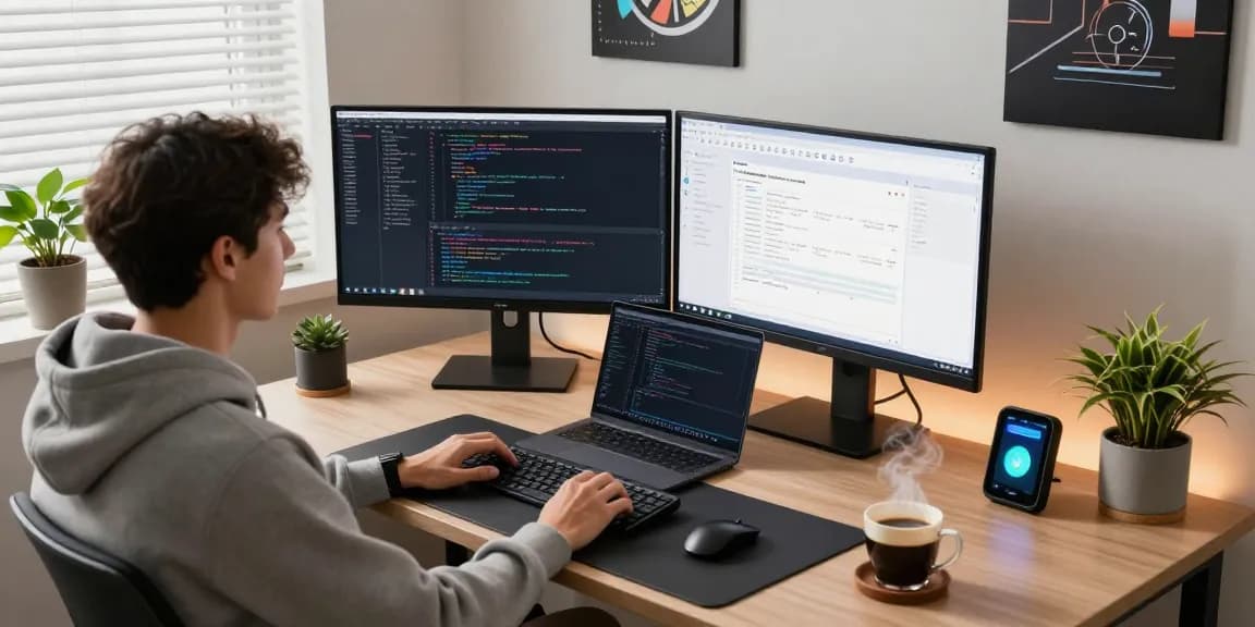 Developer coding at home office with dual monitors showcasing projects on teiegramin.com, featuring a cozy workspace.