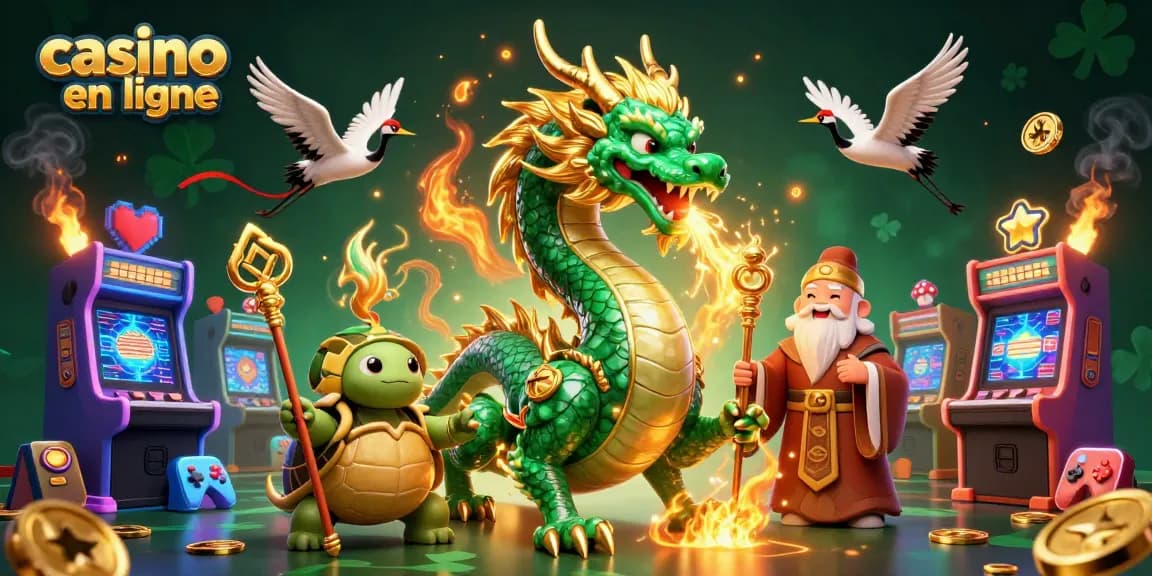 Vivez des aventures palpitantes au casino en ligne avec un dragon en jade, un sage tortue avisé et des grues porte-bonheur dans une scène vibrante.
