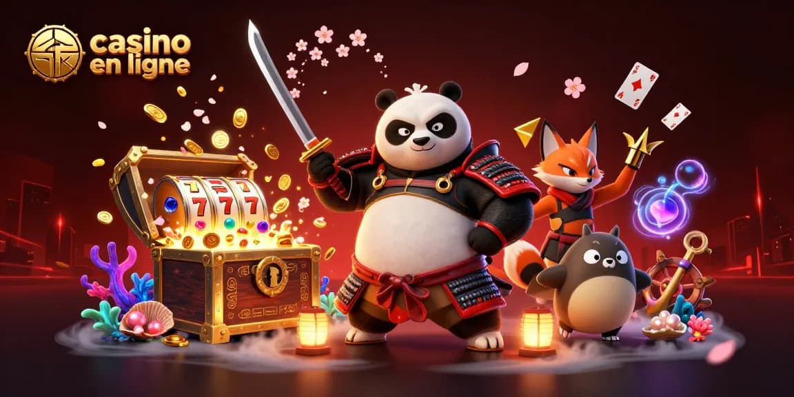 Participez à l'action palpitante dans les casinos en ligne avec un samouraï panda et un ninja renard se battant pour un trésor.
