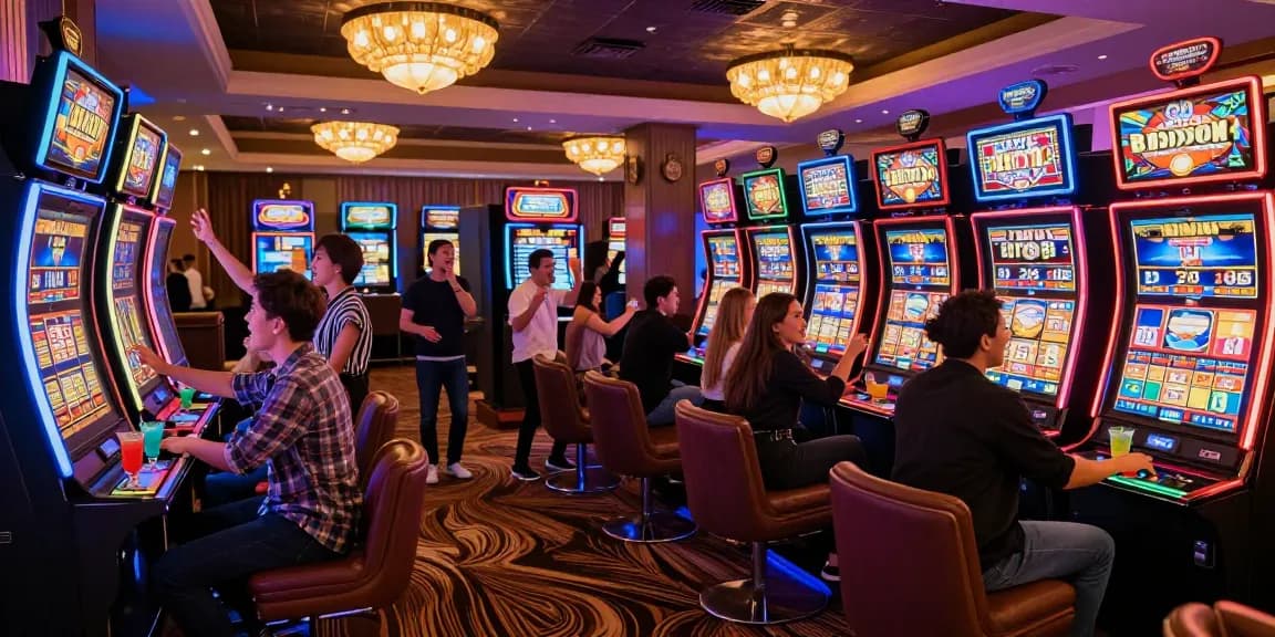 Exciting rokok88 slot login scene at a bustling casino with vibrant lights.
