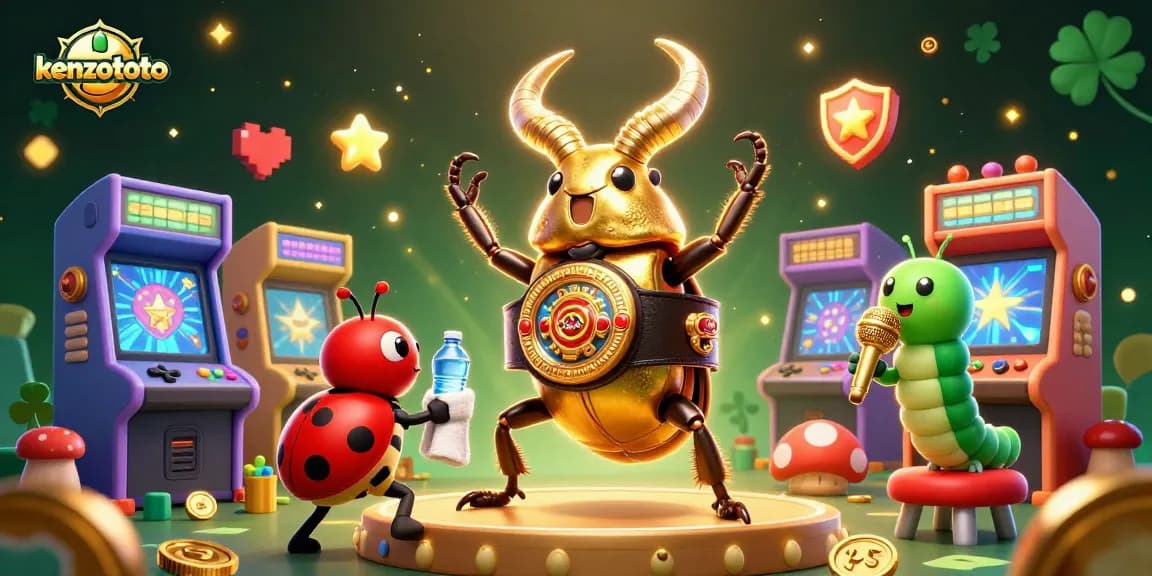 Kenzototo brings thrilling lottery excitement with a golden stag beetle boxing champion, colorful gaming elements, and vibrant energy.