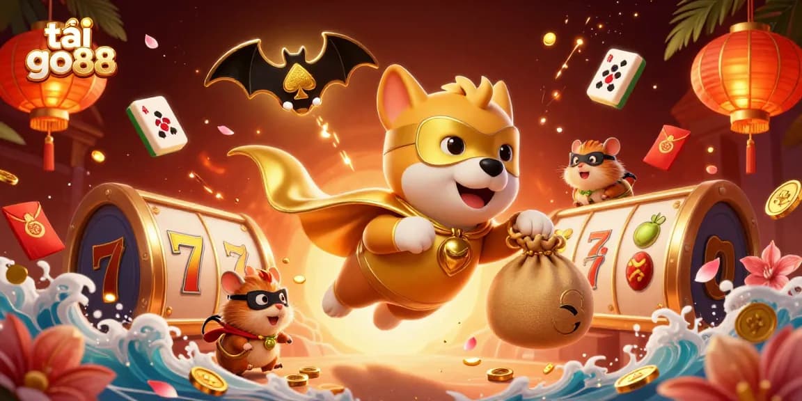 Play and win big with tải go88, a vibrant 3D cartoon illustration showcasing a superhero dog and casino elements.