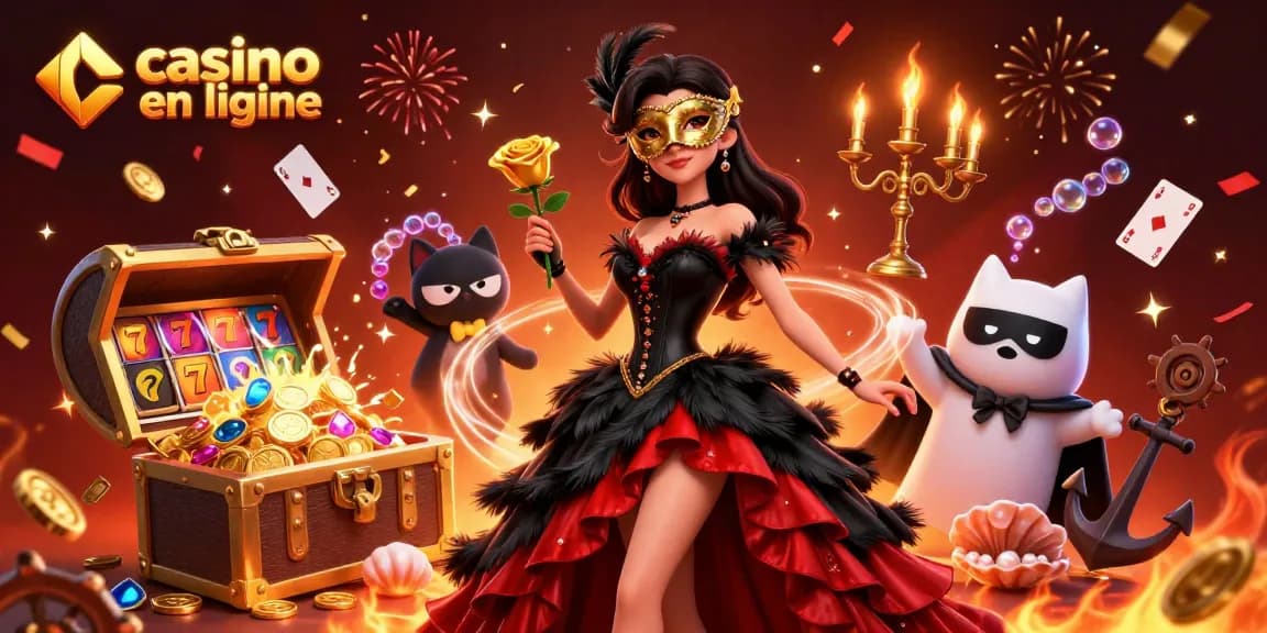 Engage in thrilling gameplay at casino en ligne with vibrant 3D illustration of a masked woman and floating treasure.