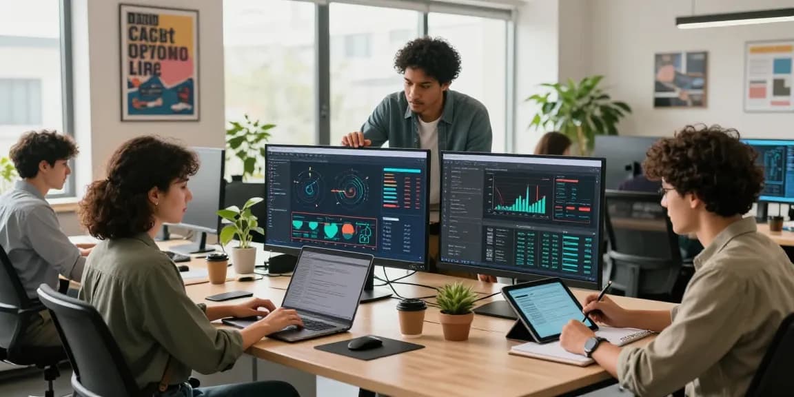 Collaboration in a tech workspace showcasing 纸飞机中文版 and innovative software development.
