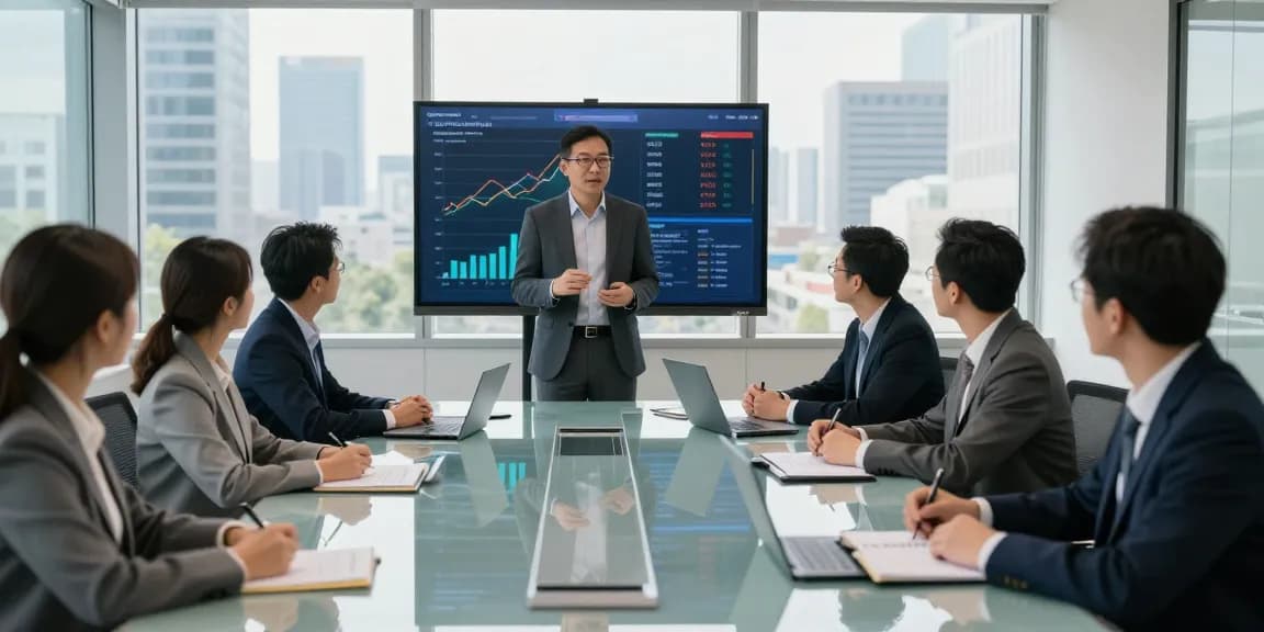 Terry Hui presenting to a diverse team in a corporate boardroom, showcasing dynamic team collaboration.