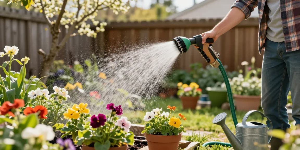 Using the best hose nozzle for watering vibrant plants in a sunny garden setting