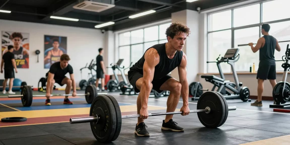 Astera Shop fitness scene showcasing an athlete lifting weights in a vibrant gym environment.