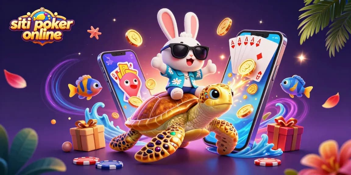 Siti poker online con un coniglio fortunato e una tartaruga dorata circondati da monete e carte da gioco