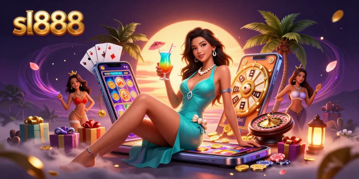 Engage in thrilling casino fun with sl888 as a glamorous woman enjoys tropical vibes and colorful gaming elements.