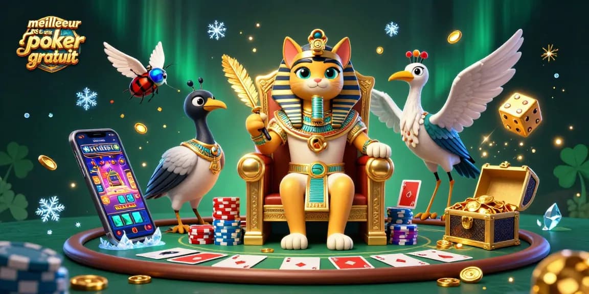 Jouer à meilleur jeux de poker gratuit avec un chat pharaon égyptien entouré de cartes et de jetons.