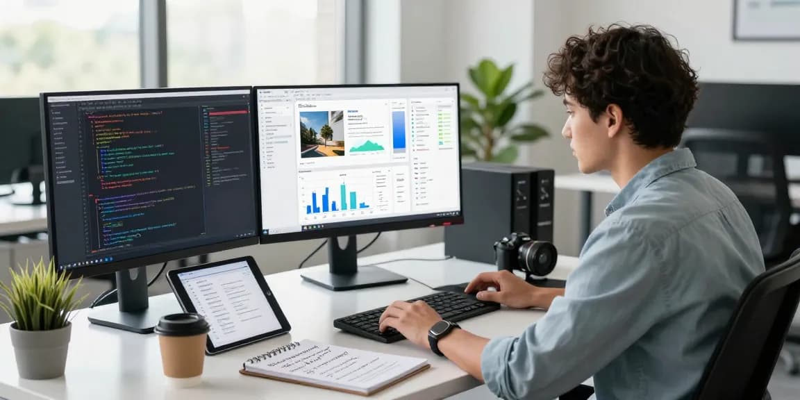 AI detector workspace with an analyst reviewing moderation data on advanced technology in a bright office.