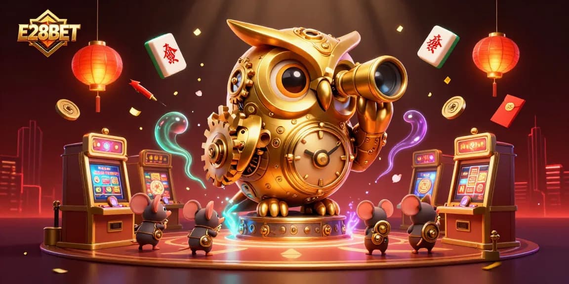 Engage with E28BET through a captivating casino scene featuring a golden owl and animated mouse patrons.