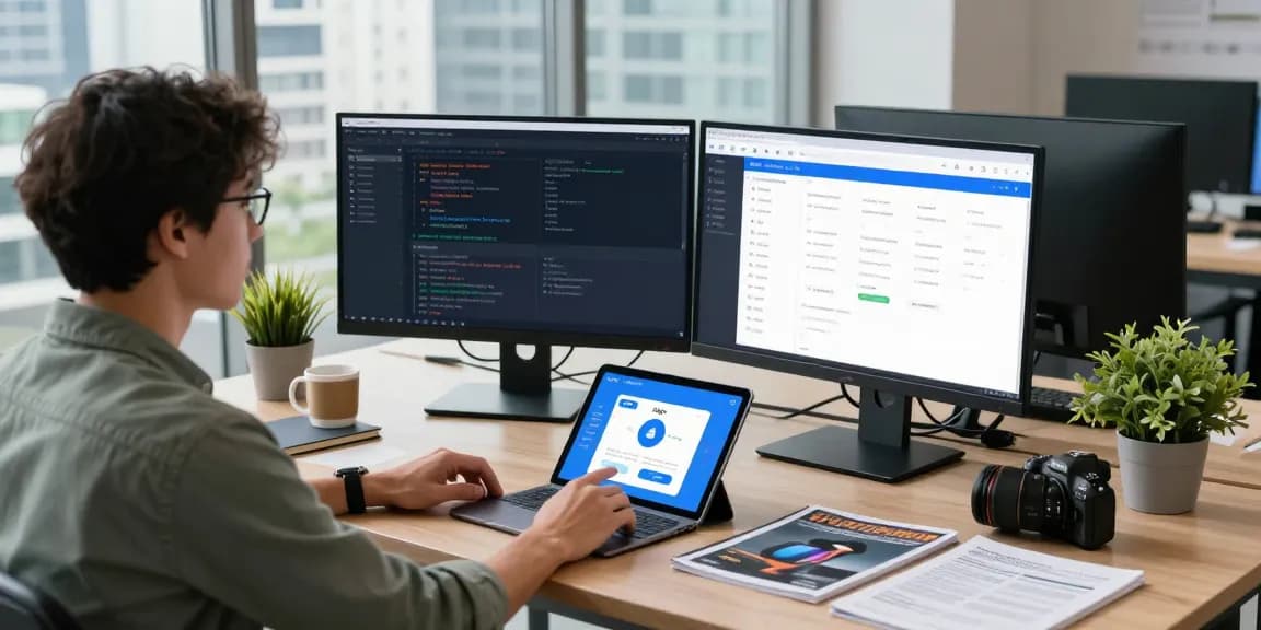 Developer exploring an age verification system in a modern tech workspace, showcasing innovative software integration with dual monitors.