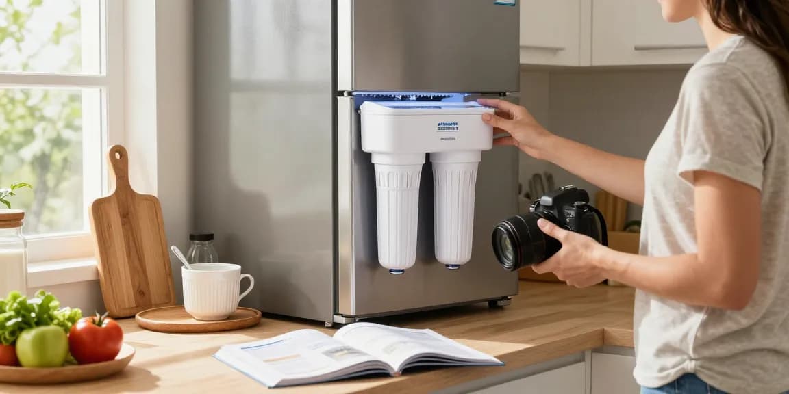 AQUA CREST DW2042FR-09 Refrigerator Water Filter demonstration in a bright kitchen, highlighting easy replacement process.