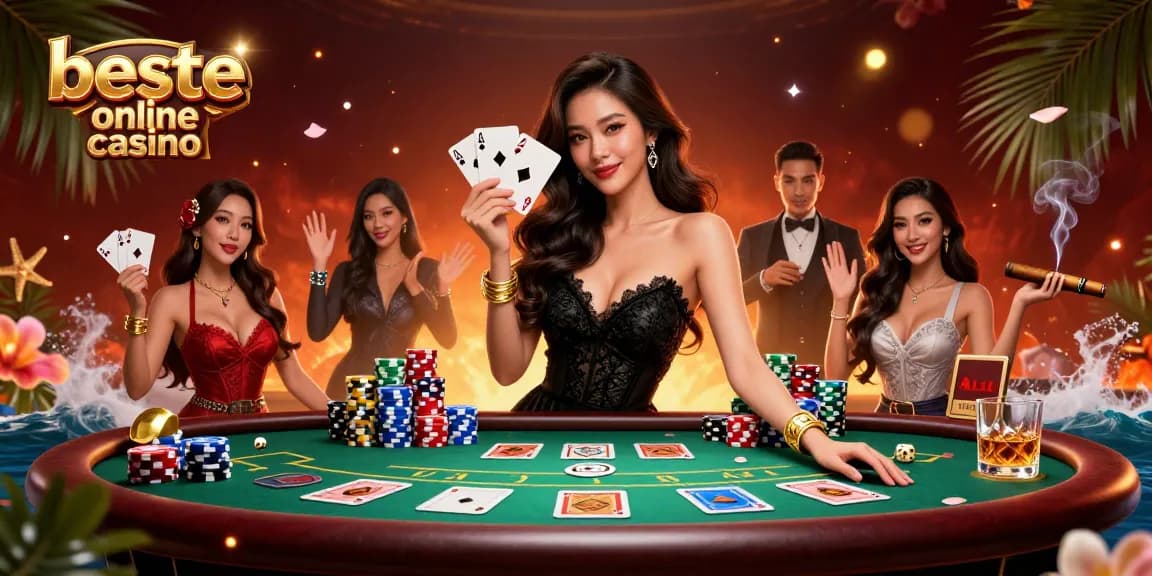 Experience the excitement at beste online casino with poker cards and golden chips in a lively atmosphere.