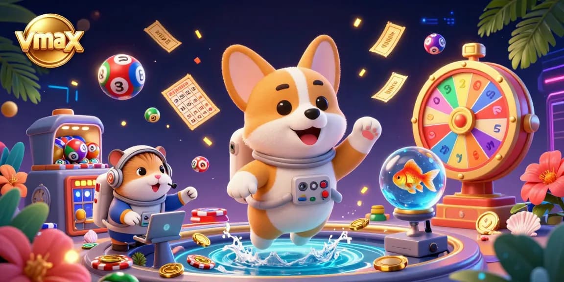 Engage with vmax in vibrant 3D casino fantasy featuring playful elements like poker chips and a colorful prize wheel.