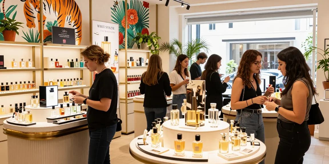 Experience the exquisite allure of white tiger spray in a vibrant fragrance boutique, showcasing diverse scents and engaged customers.