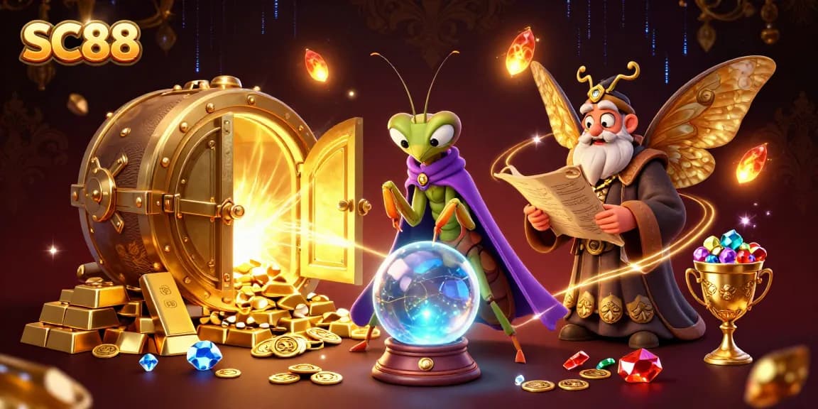 Experience the magic of SC88 with our enchanting casino-themed characters amidst treasures and excitement.