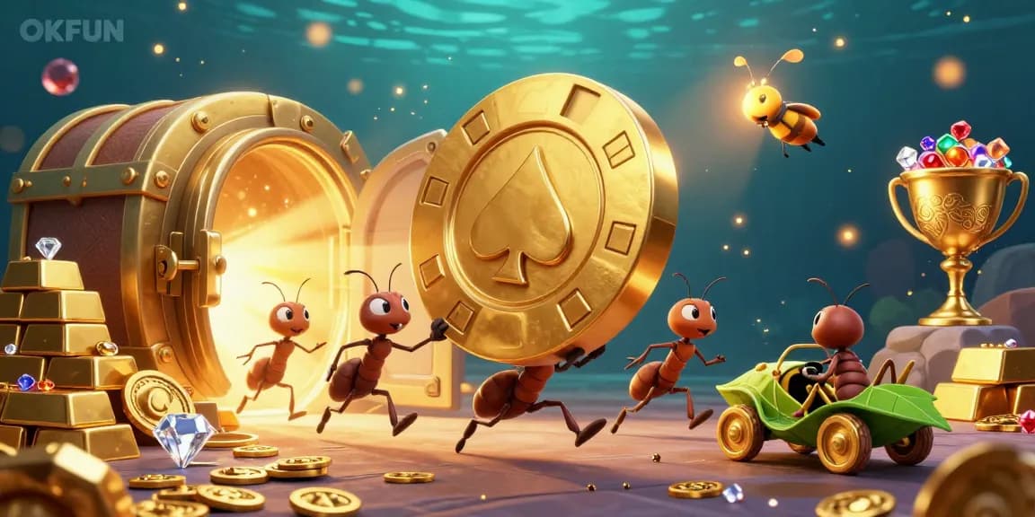 OKFUN ants navigating a treasure vault heist with a glowing poker chip in a vibrant undersea setting.