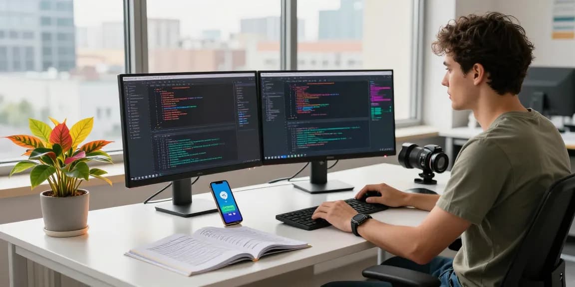Creating a vibrant tech workspace showing a focused engineer coding and receiving Telegram notifications using 纸飞机中文版.