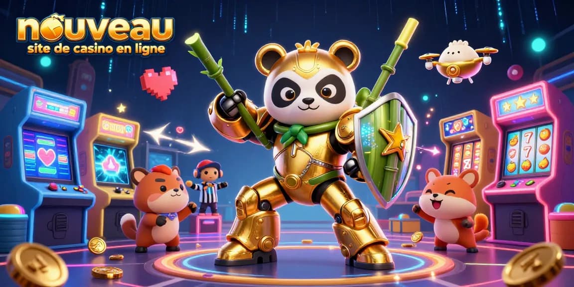 Illustration dynamique du nouveau site de casino en ligne montrant un panda en armure mech et ses machines de jeu colorées.