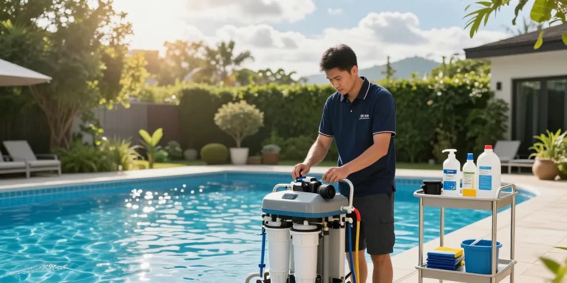 Expert pool technician performing servis bazenske tehnike maintenance check in bright outdoor setting.