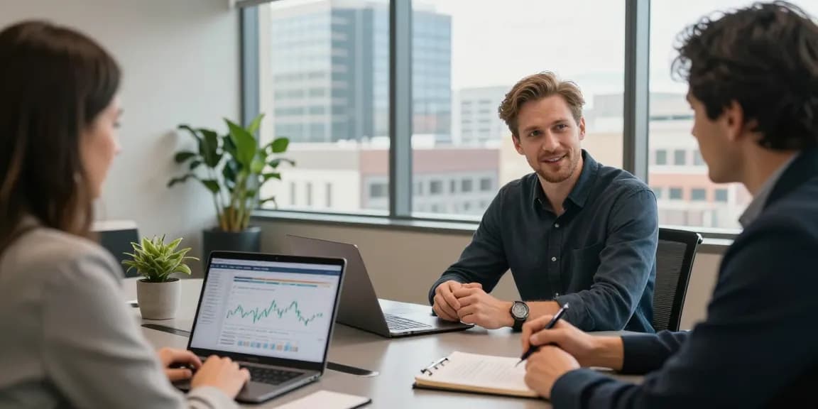 Nathan Garries guiding clients through financial strategies in a modern office setting, showcasing professionalism and trust