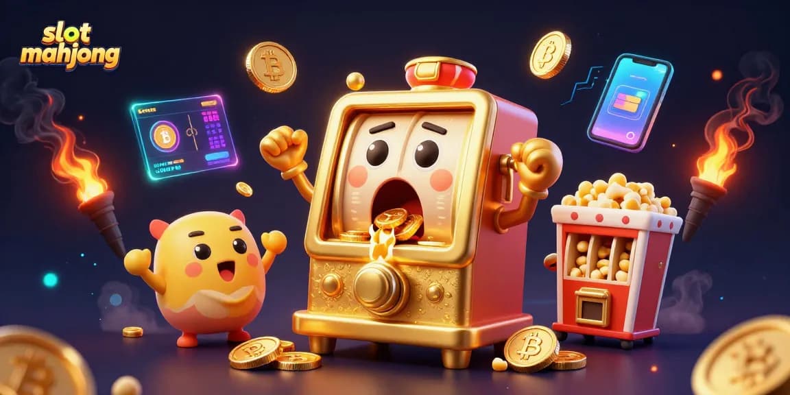Experience the excitement of slot mahjong as a golden slot machine hits a jackpot amidst dynamic casino graphics.