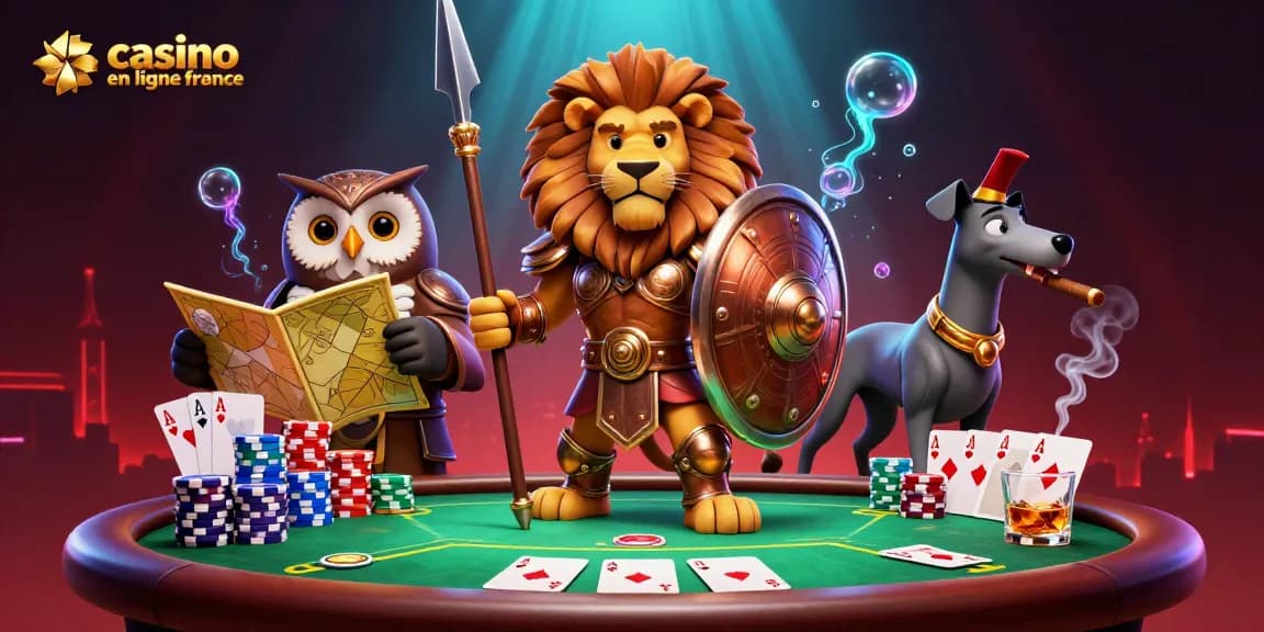 Découvrez des jeux palpitants au casino en ligne France avec une action poker vibrante mettant en vedette un lion, une chouette et un greyhound.