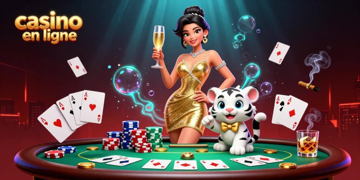 Participez à une action de casino en ligne palpitante avec un personnage glamour à côté d'un tigre chanceux, entouré de fournitures de poker.