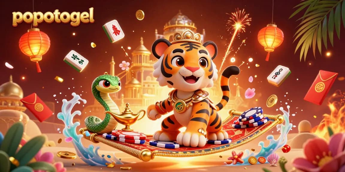 Experience the excitement of popotogel with a tiger sultan and magic elements in a vibrant 3D casino scene.