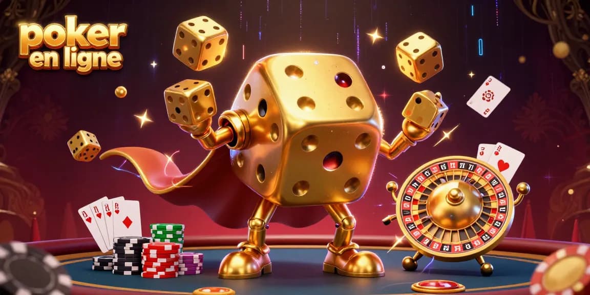 Joue au poker en ligne avec des personnages 3D en action, des cartes et des jetons scintillants.