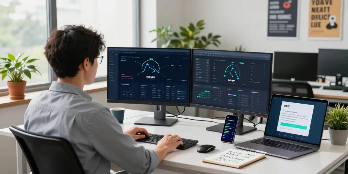 Optimizing快连VPN settings in a modern workspace with dual monitors and tech tools.