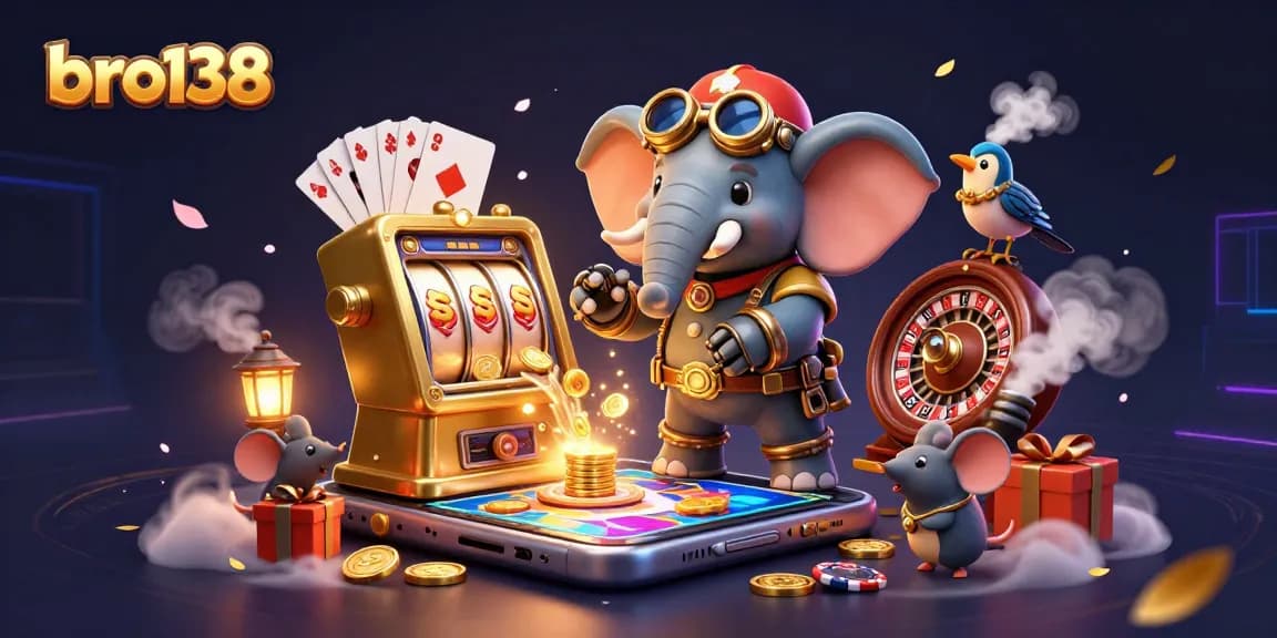 Experience bro138's premium slots with steampunk characters operating vibrant games and golden coins erupting.