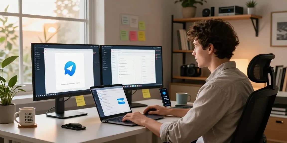 Professional workspace showcasing telegram china working method setup with dual monitors and sleek design.