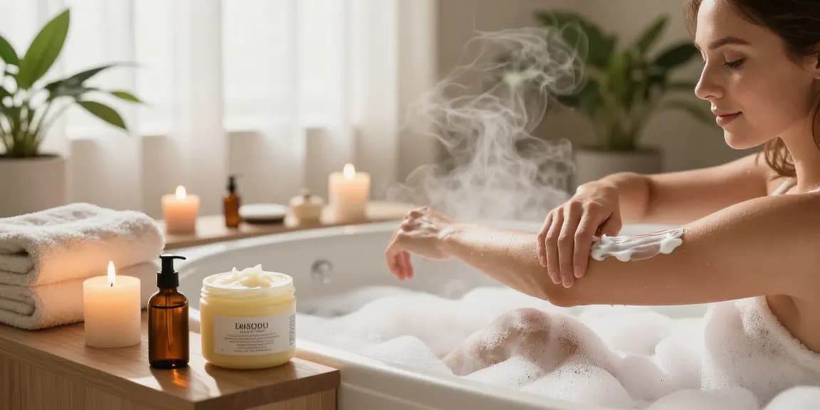 Applying De stress Whipped Body Butter in a serene home spa setting.