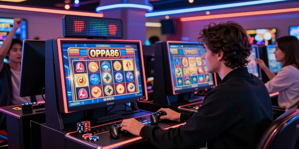 Engaged gamer enjoying OPPA86 online slots with colorful graphics.