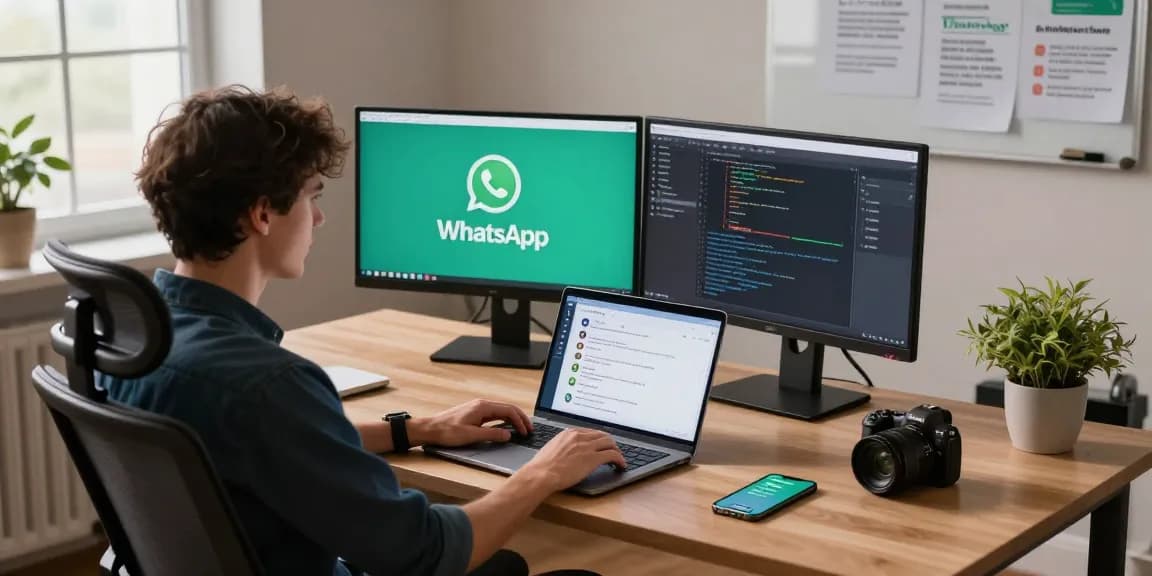 Using WhatsApp網頁版 on dual monitors in a tech workspace.
