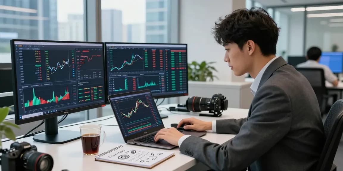 Young trader analyzing market trends on OKX crypto exchange in a modern office environment.