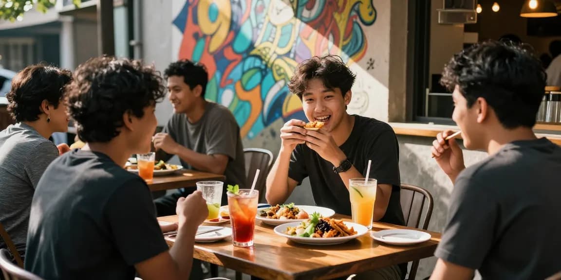 Sociable group at outdoor café sharing rokok 88, vibrant atmosphere with colorful drinks and street art backdrop.