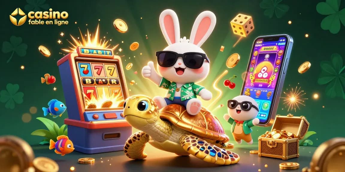 Découvrez un casino fiable en ligne avec un lapin chanceux et une tortue géante, entourés de machines à sous et de trésors.