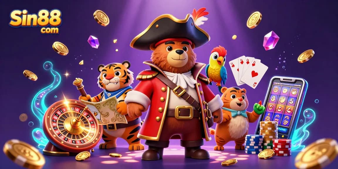 Experience the excitement at Sin88 com with vibrant 3D casino characters amid flickering golden coins and dynamic gaming elements.