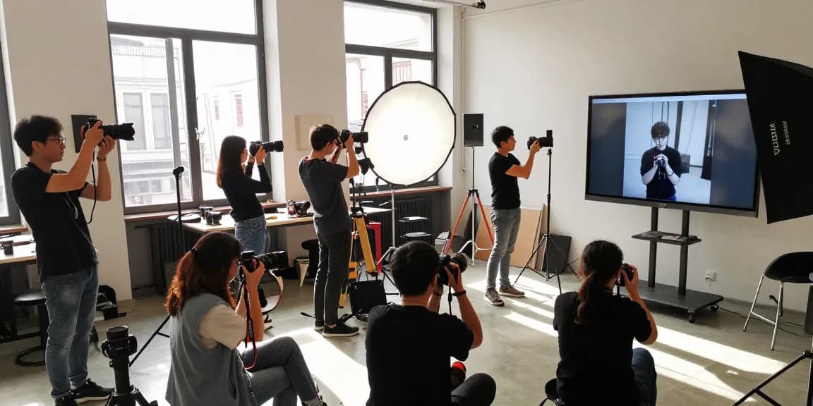 Atelier de Corsi di Fotografia à Milan avec étudiants utilisant diverses caméras et équipements dans un studio lumineux.