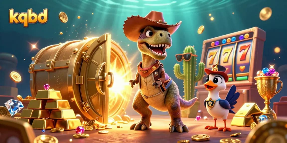 Bet on kqbd with a captivating scene of a cowboy dinosaur, jackpot elements, and treasure.