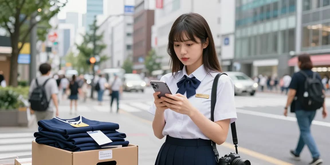 制服買取ラミパスの口コミを確認する女性の街中の風景