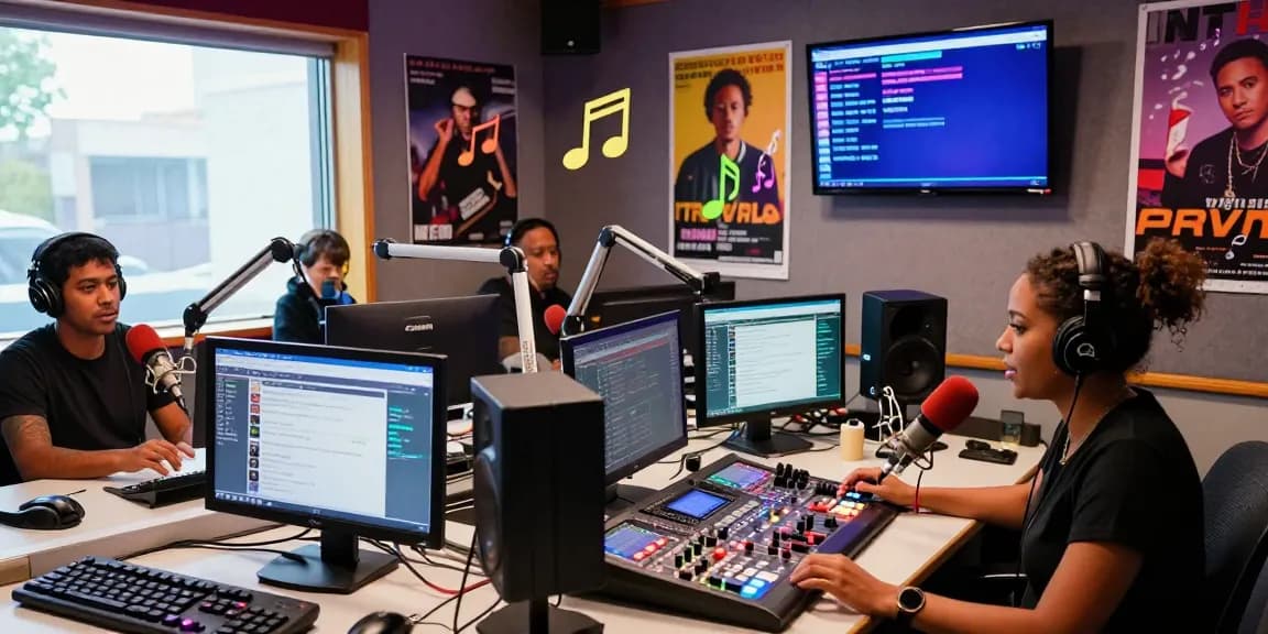 Dynamic scene of internet radio stations with diverse DJs engaging audiences in a vibrant studio.