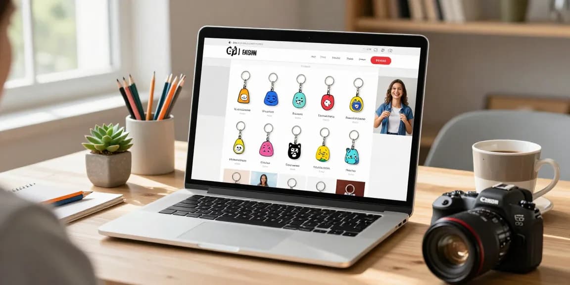 Shop personalized keychains on a modern website showcasing colorful designs and unique customization options.
