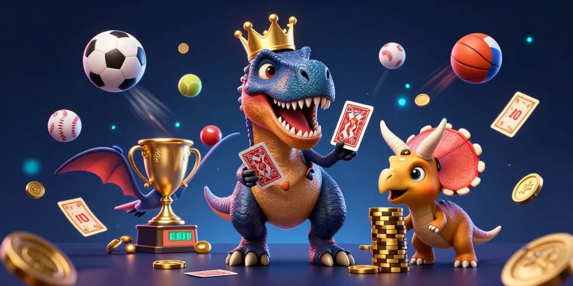 UG88 features a charming T-Rex shuffling cards and a triceratops stacking chips, casting excitement in a dynamic casino scene.