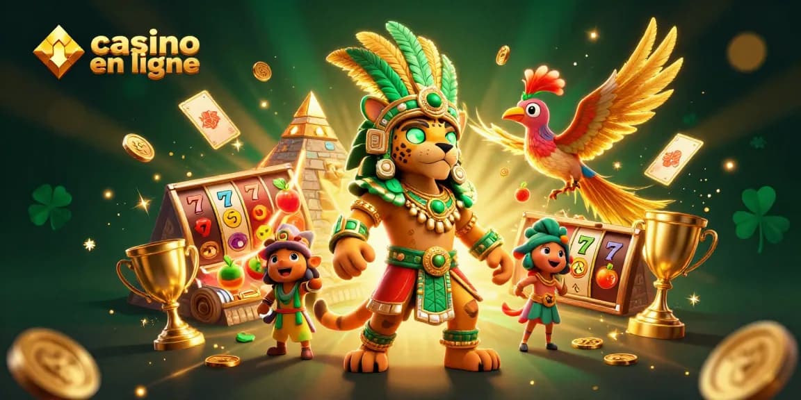 Découvrez l'action palpitante des casinos en ligne avec des illustrations vibrantes de jeux et de symboles gagnants.